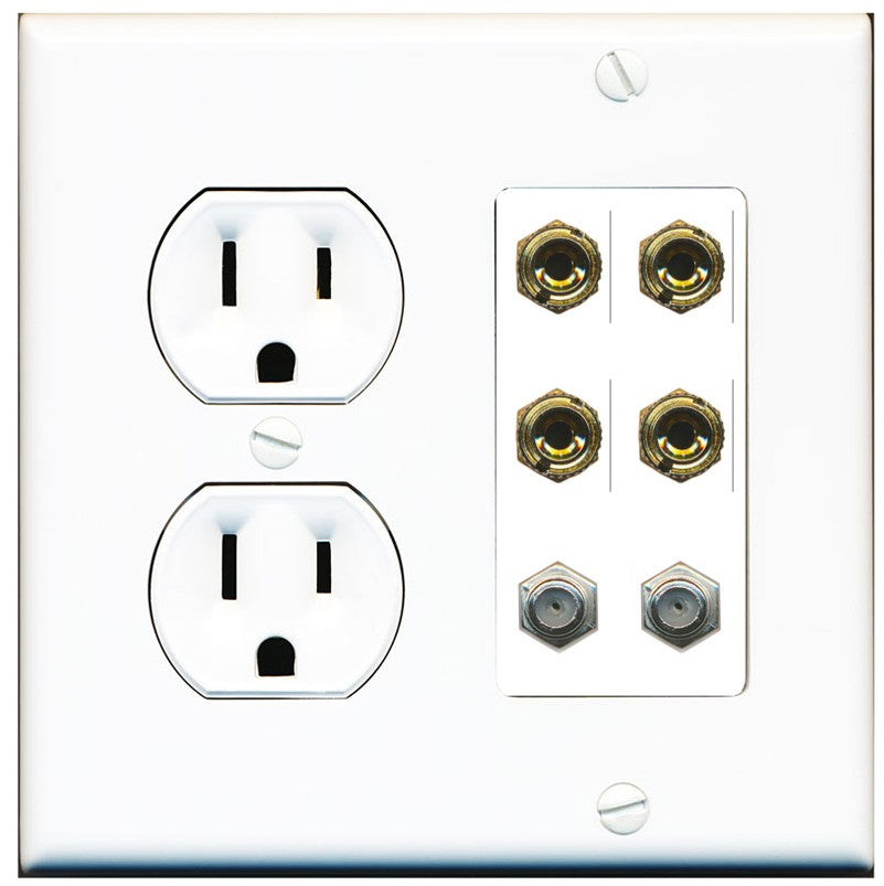 RiteAV 4 Port Banana 2 Speaker Binding Post 2 Coax Wall Plate - Round Outlet [White]