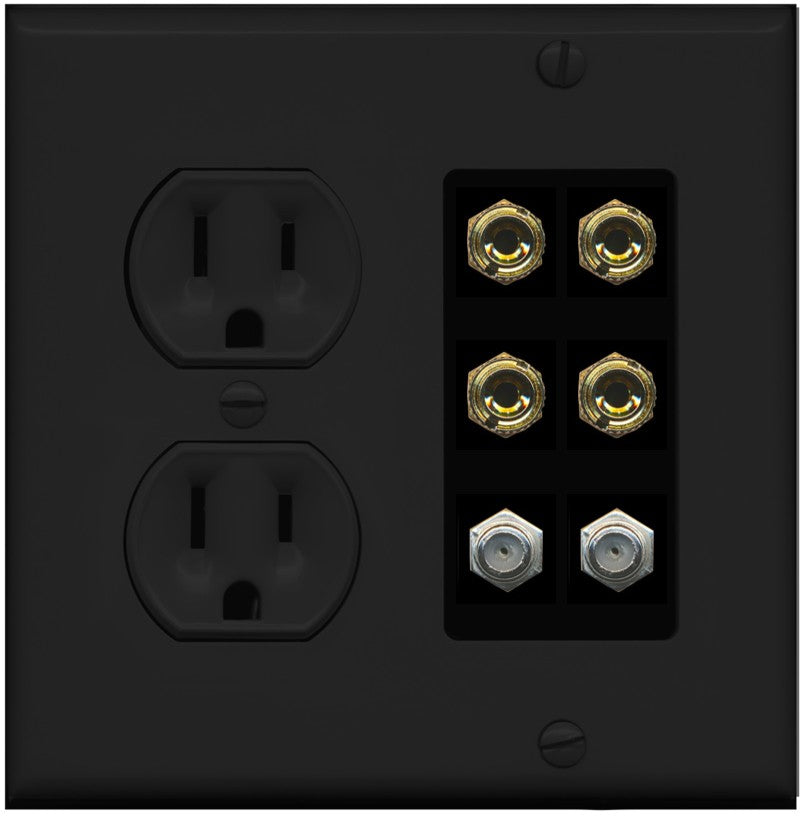 RiteAV 4 Port Banana 2 Speaker Binding Post 2 Coax Wall Plate - Round Outlet [Black/Black]