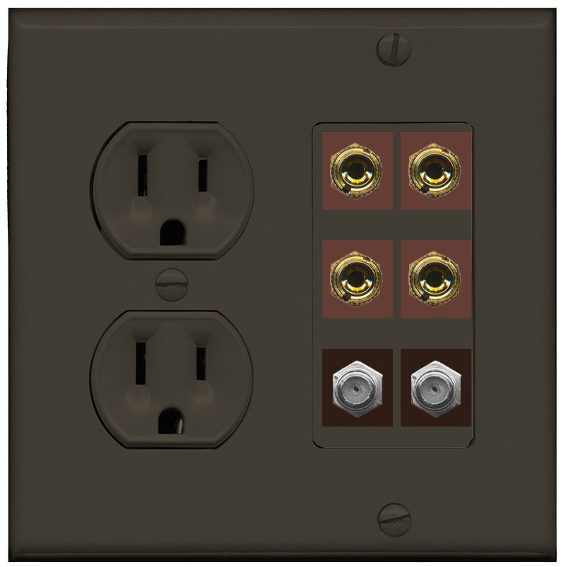 RiteAV 4 Port Banana 2 Speaker Binding Post 2 Coax Wall Plate - Round Outlet [Brown/Brown]
