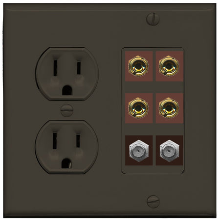 RiteAV 4 Port Banana 2 Speaker Binding Post 2 Coax Wall Plate - Round Outlet [Brown/Brown]