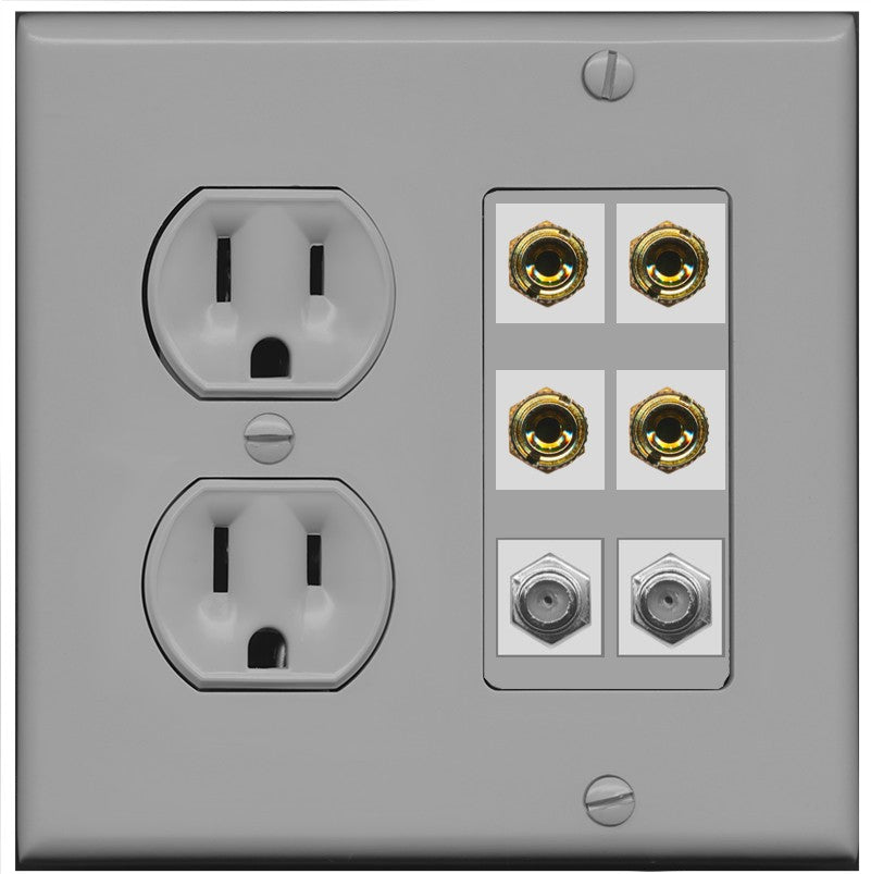 RiteAV 4 Port Banana 2 Speaker Binding Post 2 Coax Wall Plate - Round Outlet [Gray/Gray]