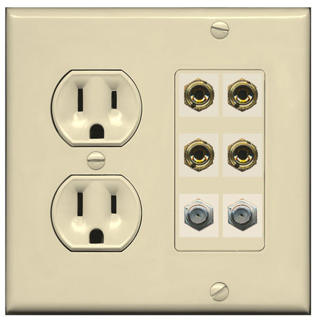 RiteAV 4 Port Banana 2 Speaker Binding Post 2 Coax Wall Plate - Round Outlet [Ivory/Ivory]