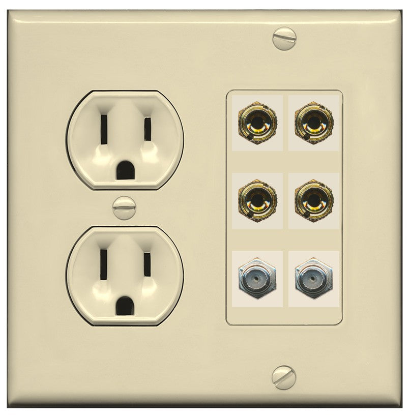 RiteAV 4 Port Banana 2 Speaker Binding Post 2 Coax Wall Plate - Round Outlet [Ivory/Ivory]