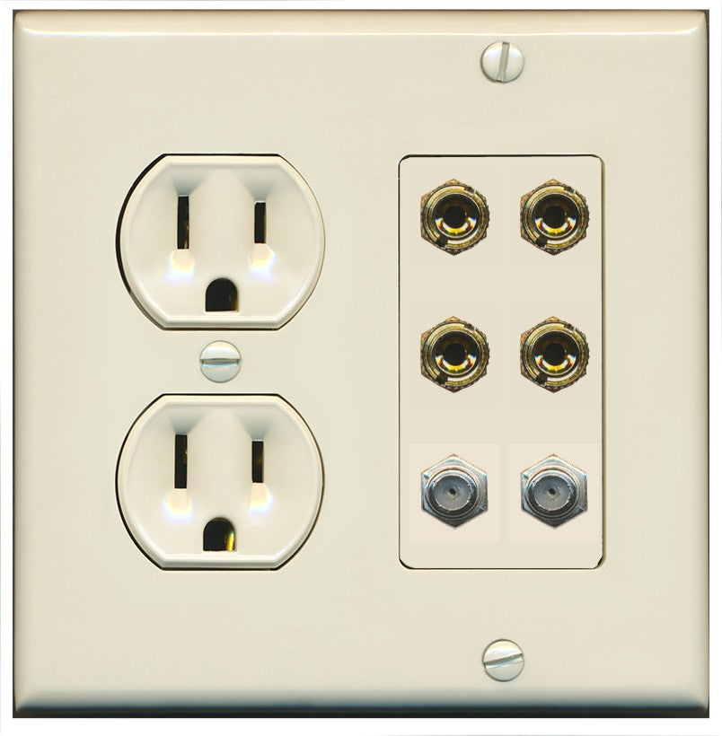 RiteAV 4 Port Banana 2 Speaker Binding Post 2 Coax Wall Plate - Round Outlet [Light-Almond]
