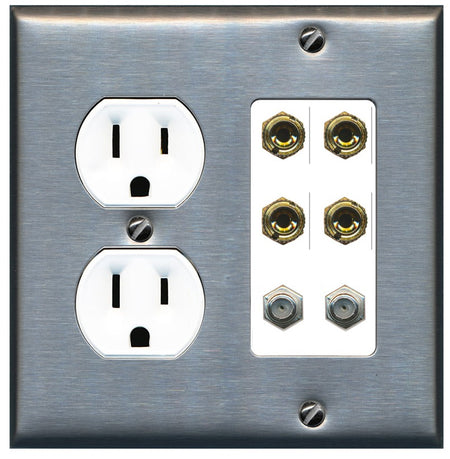 RiteAV 4 Port Banana 2 Speaker Binding Post 2 Coax Wall Plate - Round Outlet [Stainless/White]