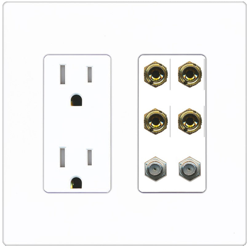 RiteAV 4 Port Banana 2 Speaker Binding Post 2 Coax Wall Plate - Tamper-Resistant Outlet [Screwless White]
