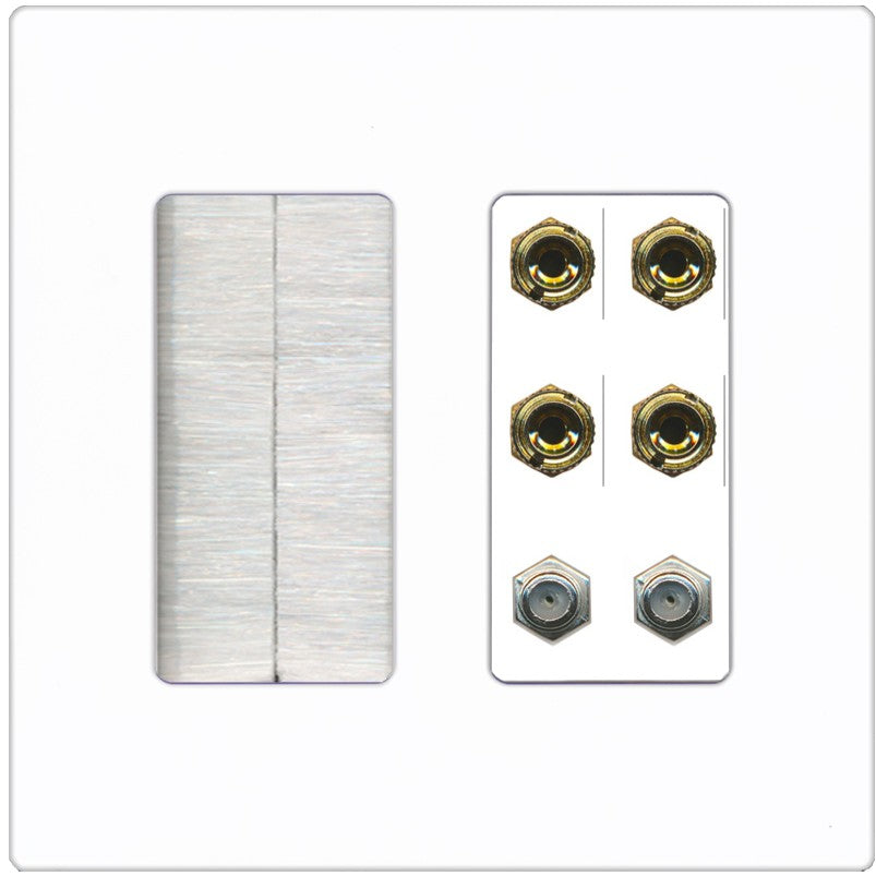 RiteAV 4 Port Banana 2 Speaker Binding Post 2 Coax Wall Plate - Brush [Screwless White]