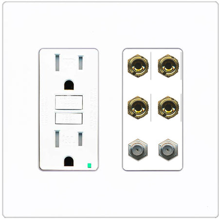 RiteAV 4 Port Banana 2 Speaker Binding Post 2 Coax Wall Plate - GFCI Outlet [Screwless White]