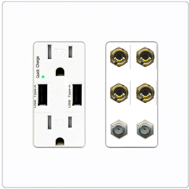 RiteAV 4 Port Banana 2 Speaker Binding Post 2 Coax Wall Plate - USB Outlet [Screwless White]