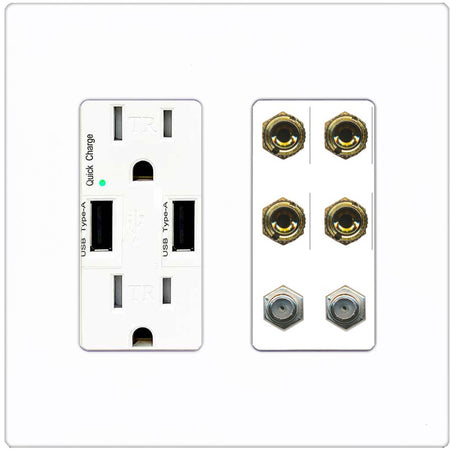 RiteAV 4 Port Banana 2 Speaker Binding Post 2 Coax Wall Plate - USB Outlet [Screwless White]