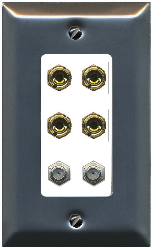 RiteAV 4 Port Banana 2 Speaker Binding Post 2 Coax Wall Plate - 1 Gang Decorative [Stainless/White]