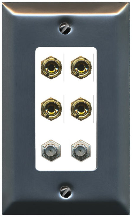 RiteAV 4 Port Banana 2 Speaker Binding Post 2 Coax Wall Plate - 1 Gang Decorative [Stainless/White]