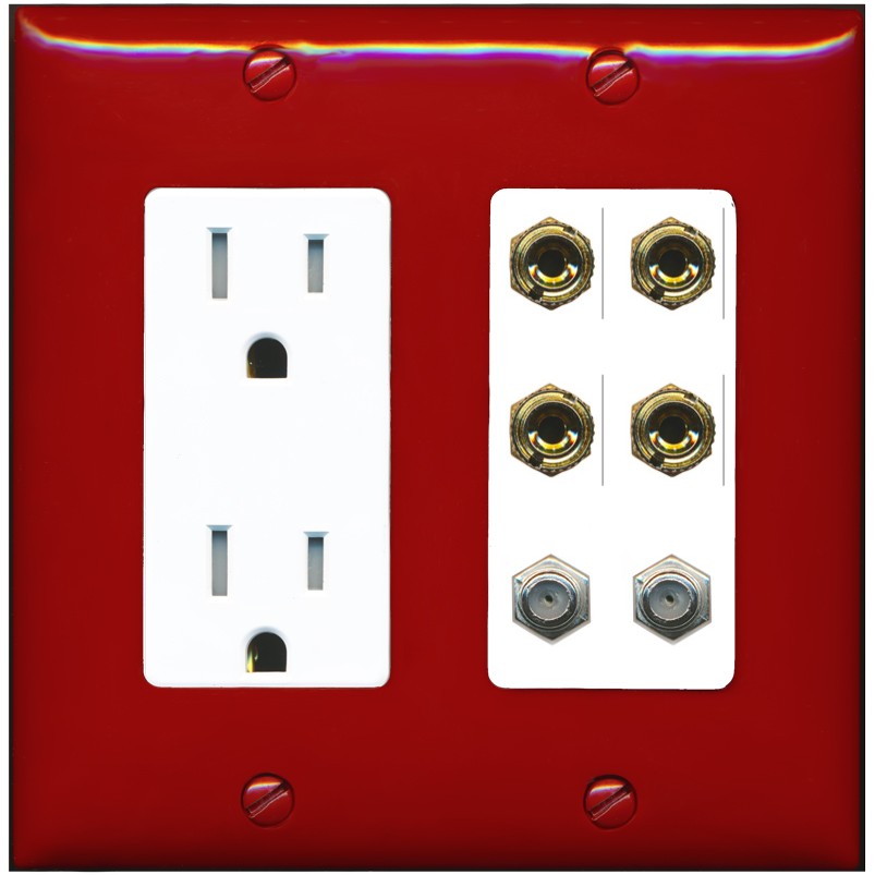 RiteAV 4 Port Banana 2 Speaker Binding Post 2 Coax Wall Plate - Tamper-Resistant Outlet [Red/White]