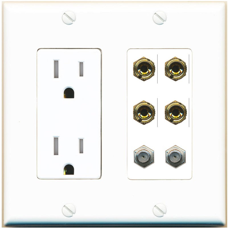 RiteAV 4 Port Banana 2 Speaker Binding Post 2 Coax Wall Plate - Tamper-Resistant Outlet [White]