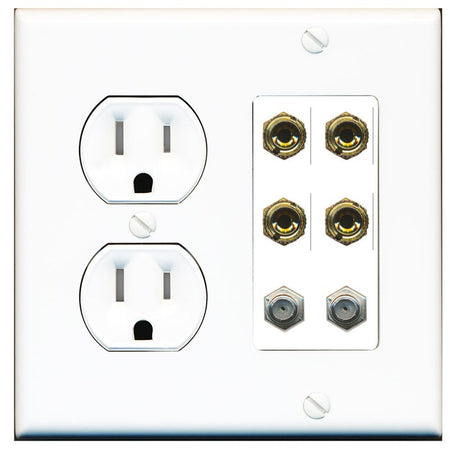 RiteAV 4 Port Banana 2 Speaker Binding Post 2 Coax Wall Plate - Tamper Resistant Outlet [Round White]