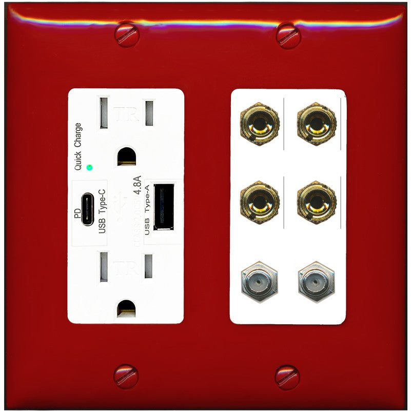 RiteAV 4 Port Banana 2 Speaker Binding Post 2 Coax Wall Plate - USB A+C Outlet [Red/White]