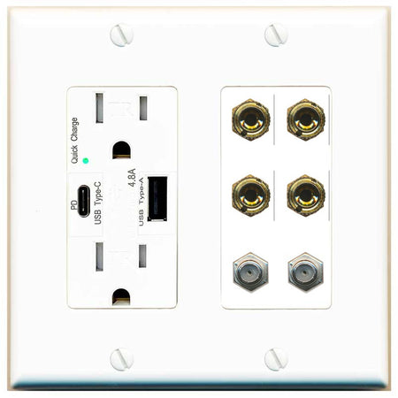 RiteAV 4 Port Banana 2 Speaker Binding Post 2 Coax Wall Plate - USB A+C Outlet [White]