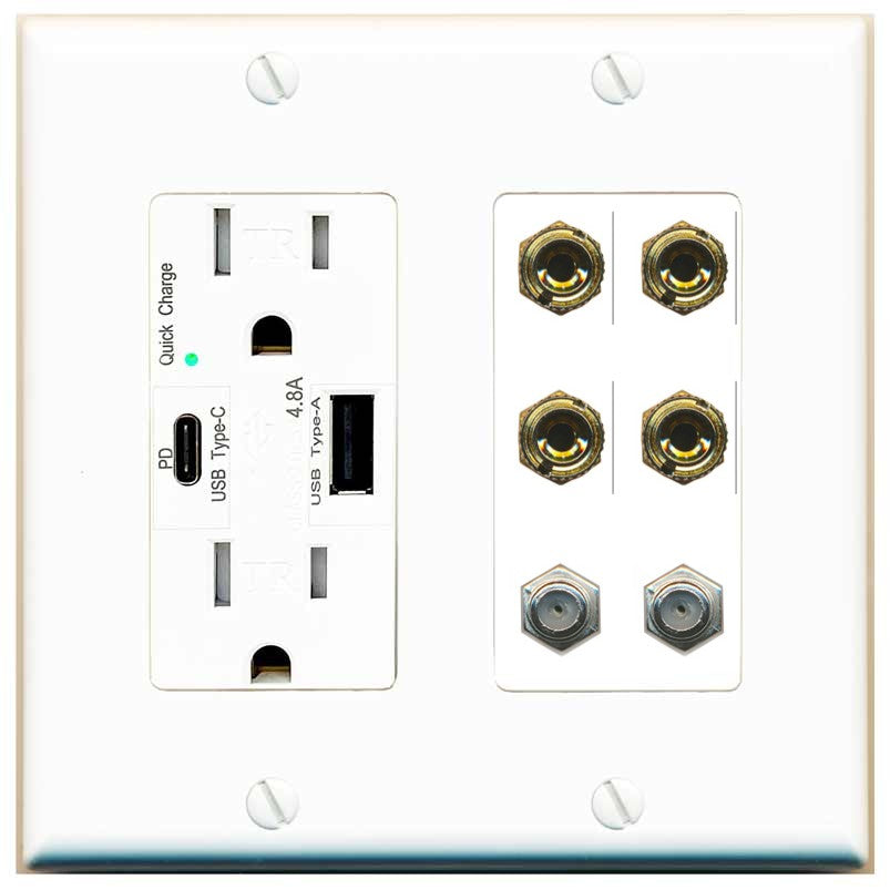 RiteAV 4 Port Banana 2 Speaker Binding Post 2 Coax Wall Plate - USB A+C Outlet [White]