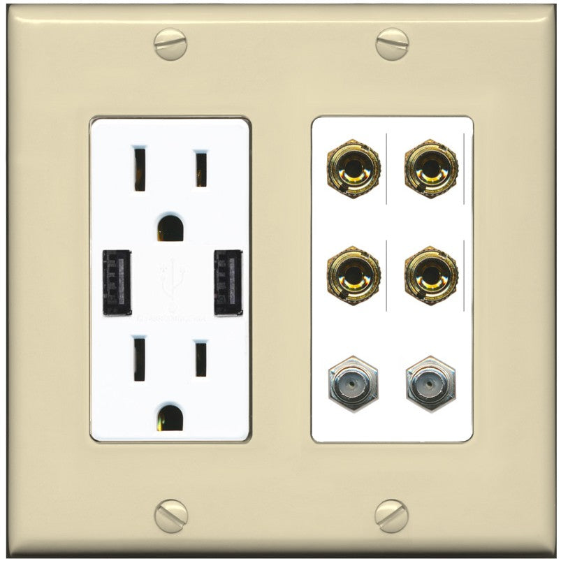 RiteAV 4 Port Banana 2 Speaker Binding Post 2 Coax Wall Plate - USB Outlet [Ivory/White]