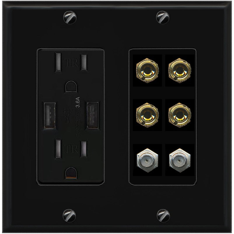 RiteAV 4 Port Banana 2 Speaker Binding Post 2 Coax Wall Plate - USB Outlet [Black/Black]