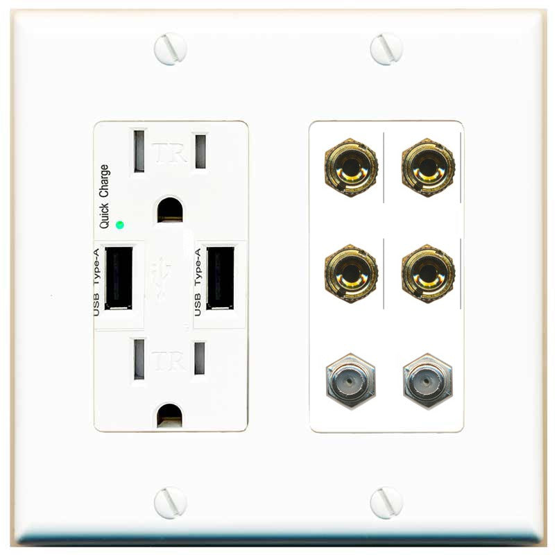 RiteAV 4 Port Banana 2 Speaker Binding Post 2 Coax Wall Plate - USB Outlet [White]