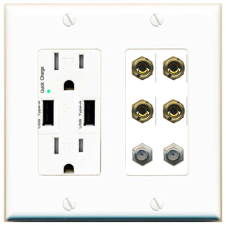 RiteAV 4 Port Banana 2 Speaker Binding Post 2 Coax Wall Plate - USB Outlet [White]