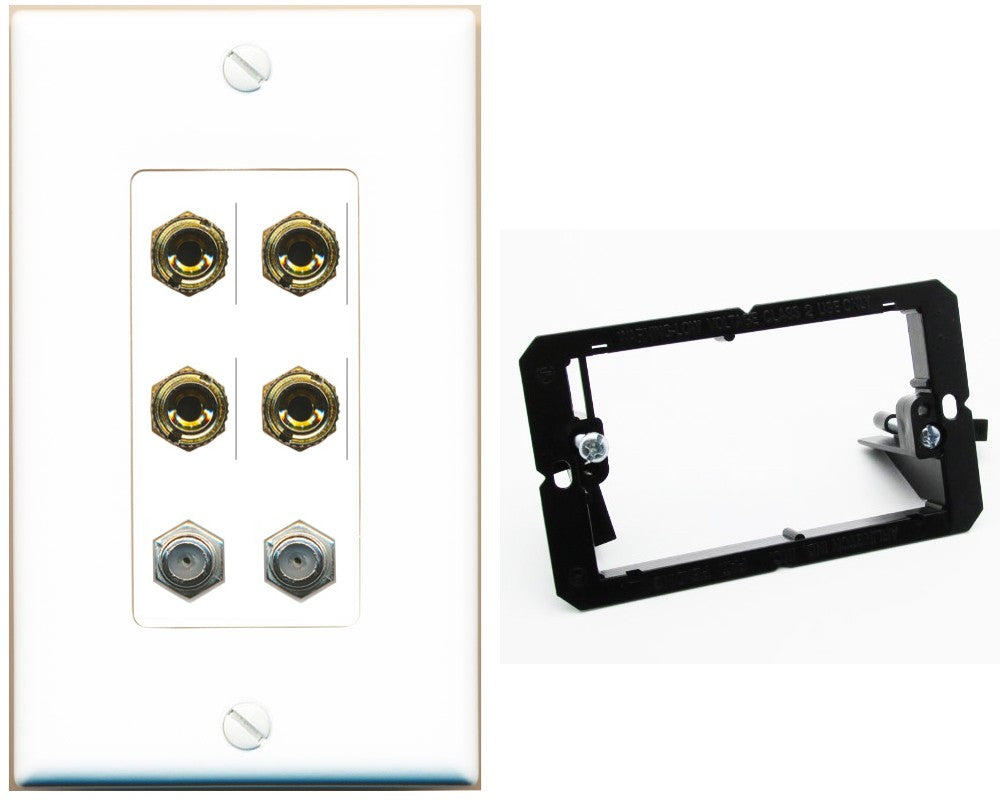 RiteAV 4 Port Banana 2 Speaker Binding Post 2 Coax Wall Plate - Bracket [White]