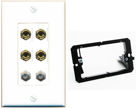 RiteAV 4 Port Banana 2 Speaker Binding Post 2 Coax Wall Plate - Bracket [White]