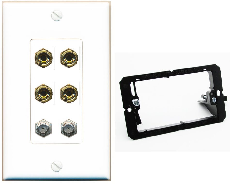 RiteAV 4 Port Banana 2 Speaker Binding Post 2 Coax Wall Plate - Bracket [White]