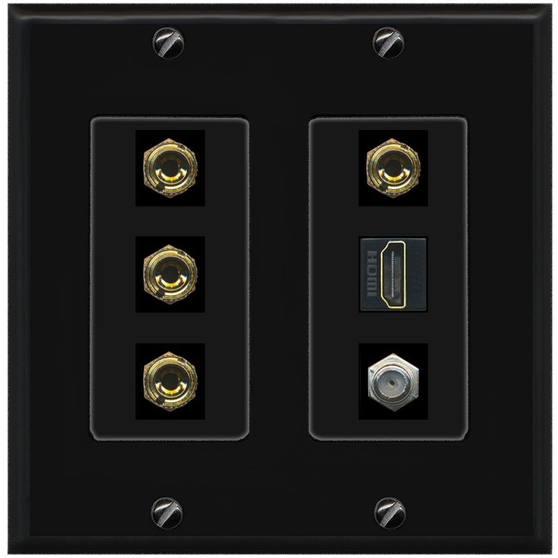 RiteAV 4 Port Banana 2 Speaker Binding Post HDMI Coax Wall Plate - 2 Gang [Black/Black]