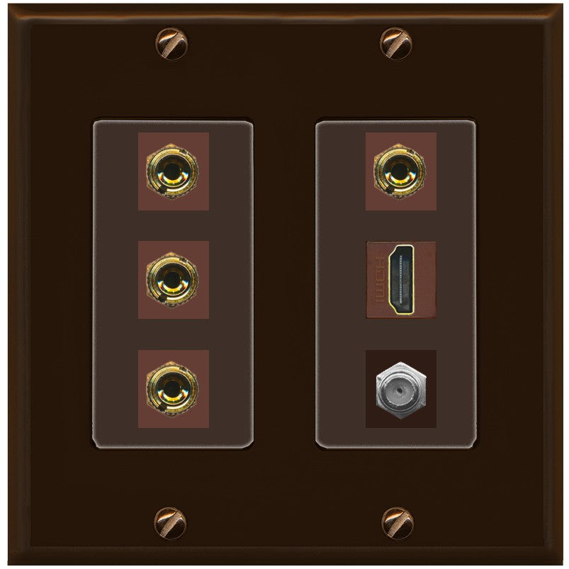 RiteAV 4 Port Banana 2 Speaker Binding Post HDMI Coax Wall Plate - 2 Gang [Brown/Brown]