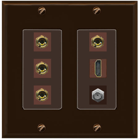 RiteAV 4 Port Banana 2 Speaker Binding Post HDMI Coax Wall Plate - 2 Gang [Brown/Brown]