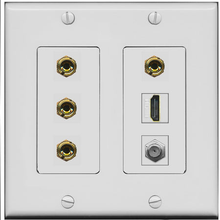 RiteAV 4 Port Banana 2 Speaker Binding Post HDMI Coax Wall Plate - 2 Gang [Gray/Gray]