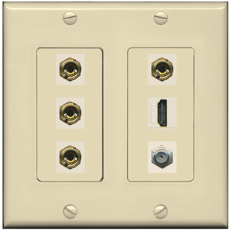 RiteAV 4 Port Banana 2 Speaker Binding Post HDMI Coax Wall Plate - 2 Gang [Ivory/Ivory]