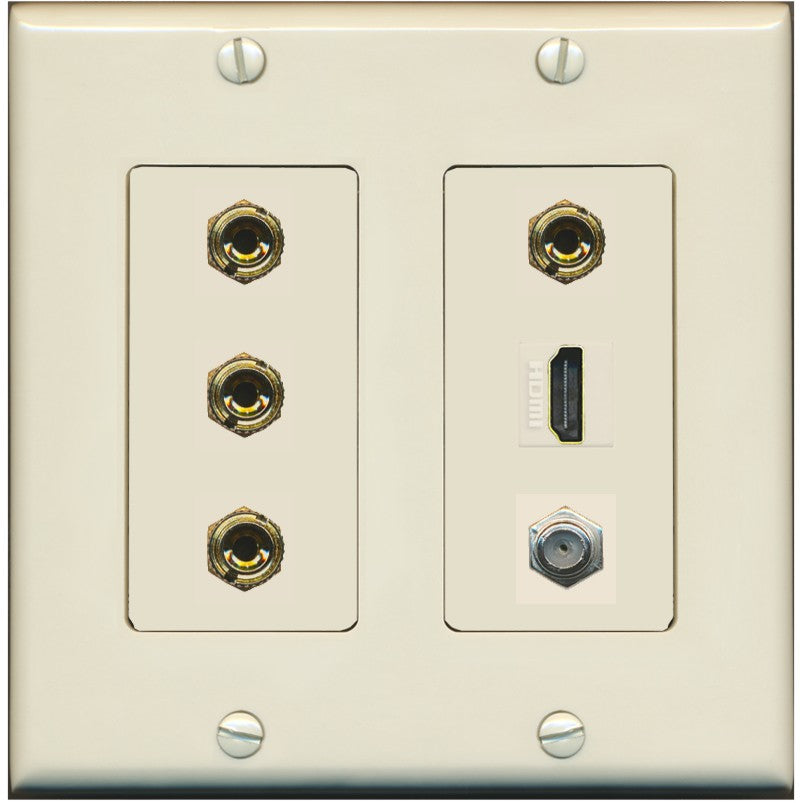RiteAV 4 Port Banana 2 Speaker Binding Post HDMI Coax Wall Plate - 2 Gang [Light-Almond]