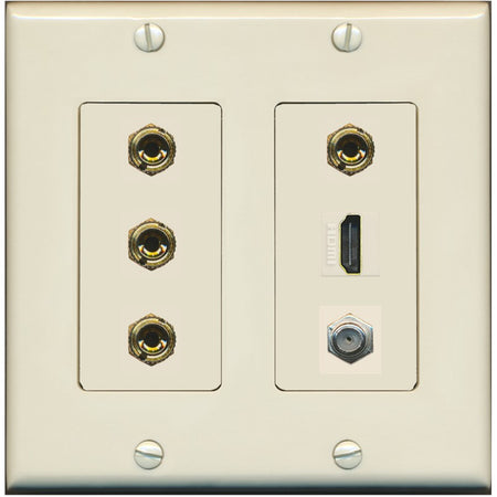 RiteAV 4 Port Banana 2 Speaker Binding Post HDMI Coax Wall Plate - 2 Gang [Light-Almond]