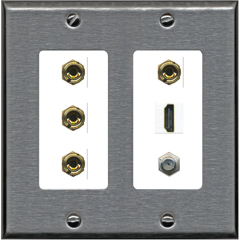 RiteAV 4 Port Banana 2 Speaker Binding Post HDMI Coax Wall Plate - 2 Gang [Stainless/White]