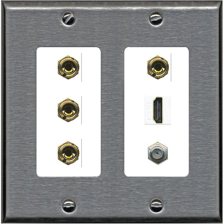 RiteAV 4 Port Banana 2 Speaker Binding Post HDMI Coax Wall Plate - 2 Gang [Stainless/White]