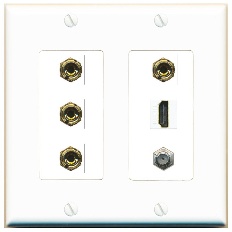 RiteAV 4 Port Banana 2 Speaker Binding Post HDMI Coax Wall Plate - 2 Gang [White]