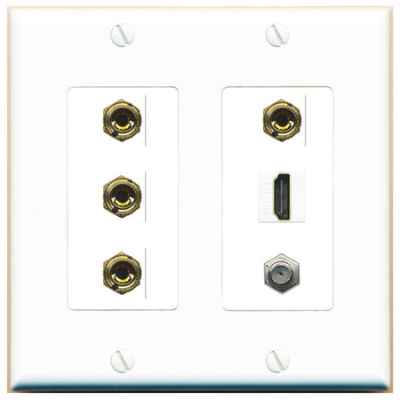 RiteAV 4 Port Banana 2 Speaker Binding Post HDMI Coax Wall Plate - 2 Gang [White]
