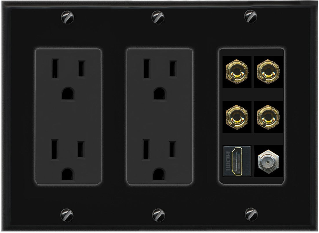 RiteAV 4 Port Banana 2 Speaker Binding Post HDMI Coax Wall Plate - 3 Gang 2 Outlet [Black/Black]