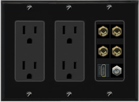RiteAV 4 Port Banana 2 Speaker Binding Post HDMI Coax Wall Plate - 3 Gang 2 Outlet [Black/Black]
