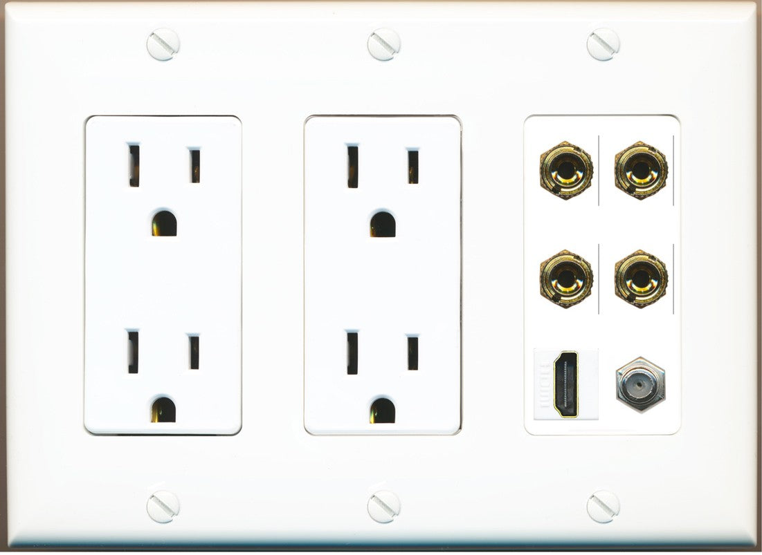 RiteAV 4 Port Banana 2 Speaker Binding Post HDMI Coax Wall Plate - 3 Gang 2 Outlet [White]