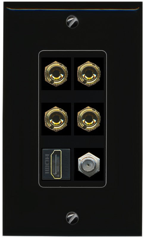 RiteAV 4 Port Banana 2 Speaker Binding Post HDMI Coax Wall Plate - 1 Gang Decorative [Black/Black]