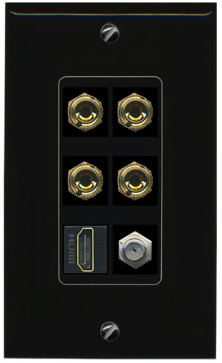 RiteAV 4 Port Banana 2 Speaker Binding Post HDMI Coax Wall Plate - 1 Gang Decorative [Black/Black]