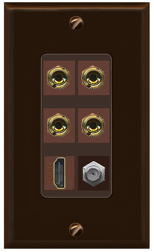 RiteAV 4 Port Banana 2 Speaker Binding Post HDMI Coax Wall Plate - 1 Gang Decorative [Brown/Brown]