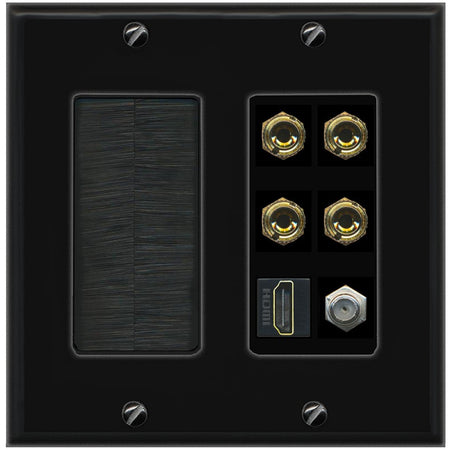 RiteAV 4 Port Banana 2 Speaker Binding Post HDMI Coax Wall Plate - Brush [Black/Black]