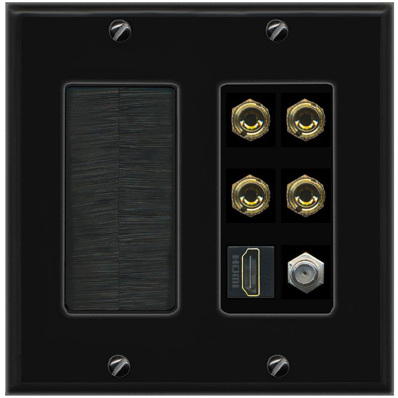 RiteAV 4 Port Banana 2 Speaker Binding Post HDMI Coax Wall Plate - Brush [Black/Black]