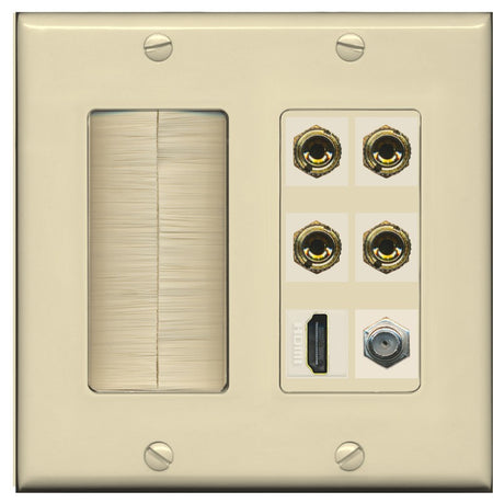 RiteAV 4 Port Banana 2 Speaker Binding Post HDMI Coax Wall Plate - Brush [Ivory/Ivory]