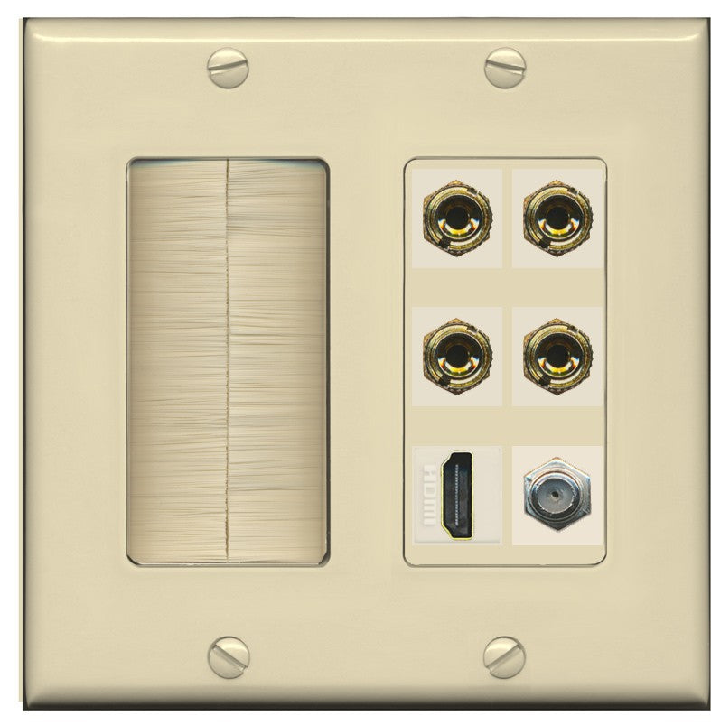 RiteAV 4 Port Banana 2 Speaker Binding Post HDMI Coax Wall Plate - Brush [Ivory/Ivory]
